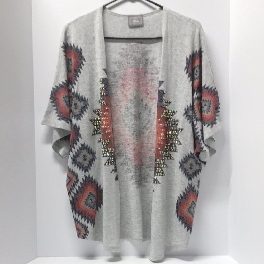 Vocal Embellished Aztec Bohemian Open Front Grey Cardigan
